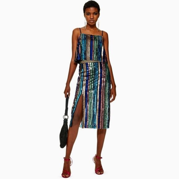 NWT Topshop multicoloured sequin stripe midi skirt, US 0 - Picture 1 of 4